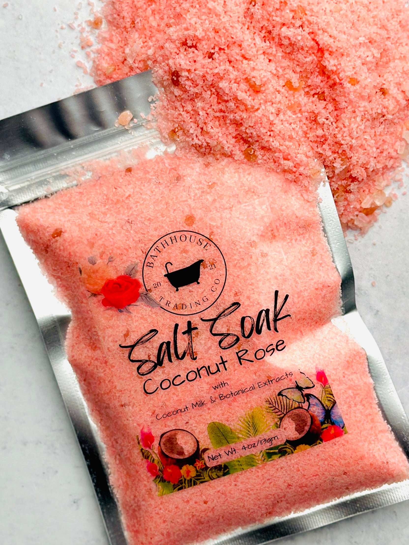 Coconut Rose Salt Soak 4oz - Bathhouse Trading Company