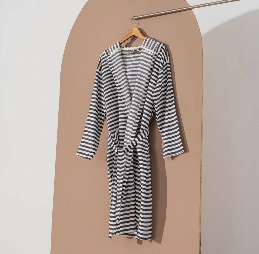Bathrobe Turkish Cotton Light Weight Hood Quick-Dry Robe: Black Stripe