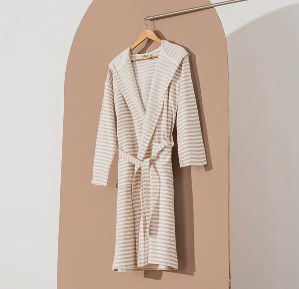 Bathrobe Turkish Cotton Light Weight Hood Quick-Dry Robe: Beige Stripe
